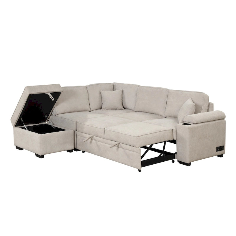 84.75 L-Shaped 5 Seater Sectional Sofa with Storage Ottoman, 2-in-1 Pull-Out Couch for Living Room