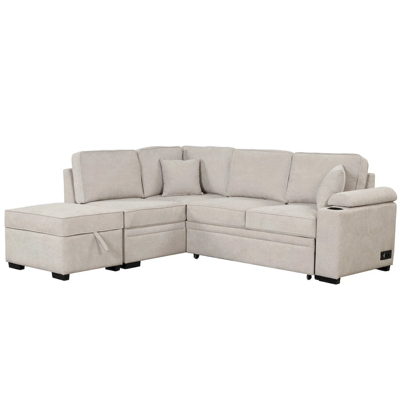 84.75 L-Shaped 5 Seater Sectional Sofa with Storage Ottoman, 2-in-1 Pull-Out Couch for Living Room