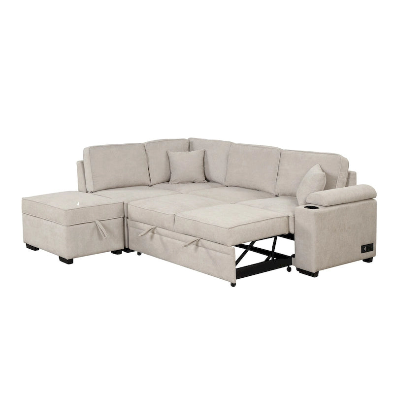 84.75 L-Shaped 5 Seater Sectional Sofa with Storage Ottoman, 2-in-1 Pull-Out Couch for Living Room