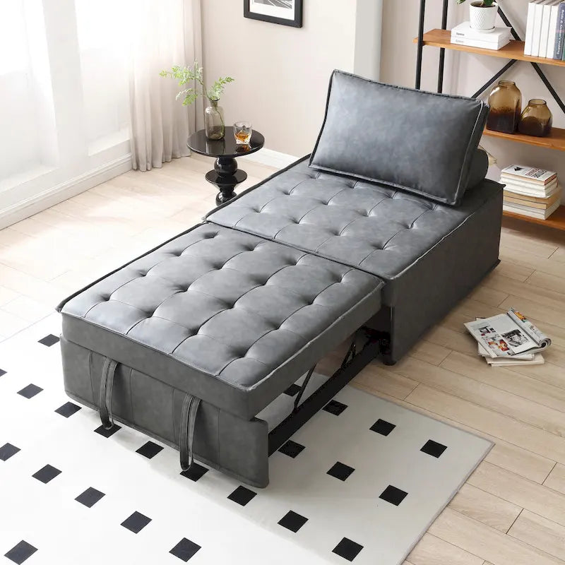 39 Faux Leather Single Multipurpose Ottoman Pull Out Sofa Bed with Adjustable Backrest and Pillow for Living Room