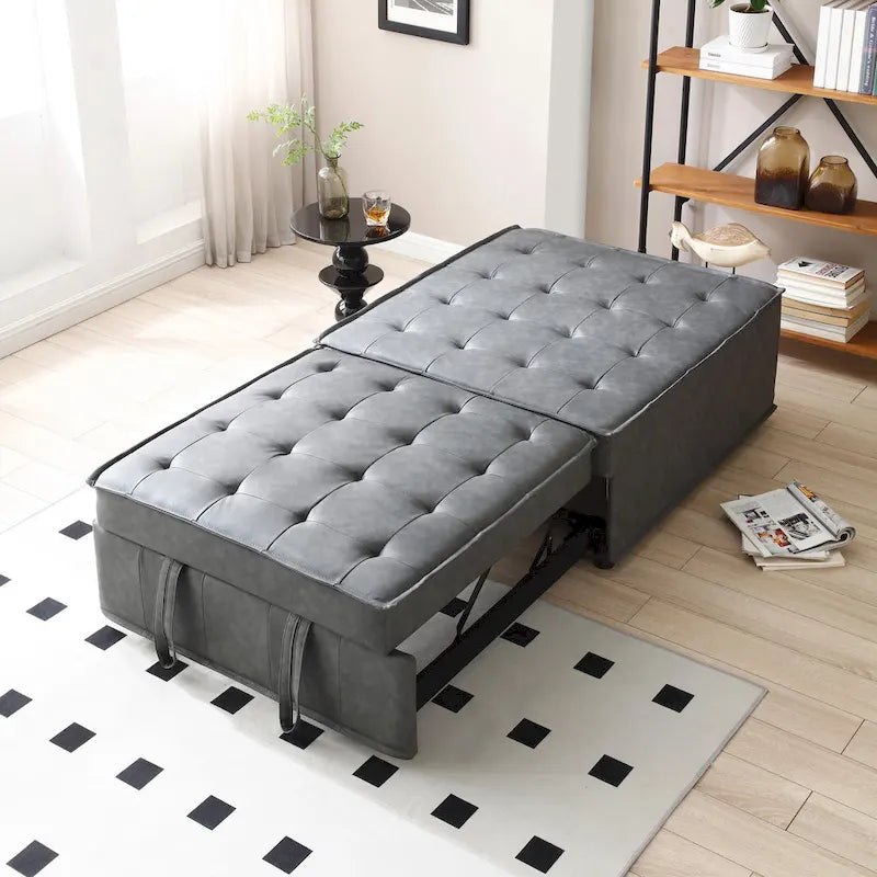 39 Faux Leather Single Multipurpose Ottoman Pull Out Sofa Bed with Adjustable Backrest and Pillow for Living Room