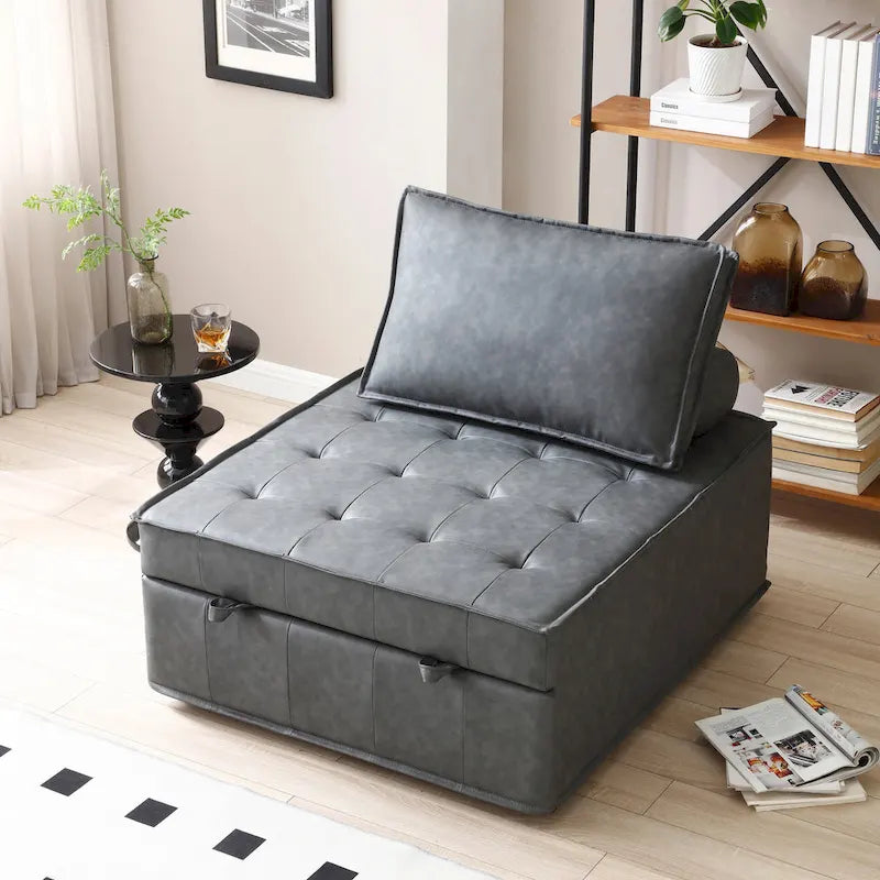 39 Faux Leather Single Multipurpose Ottoman Pull Out Sofa Bed with Adjustable Backrest and Pillow for Living Room