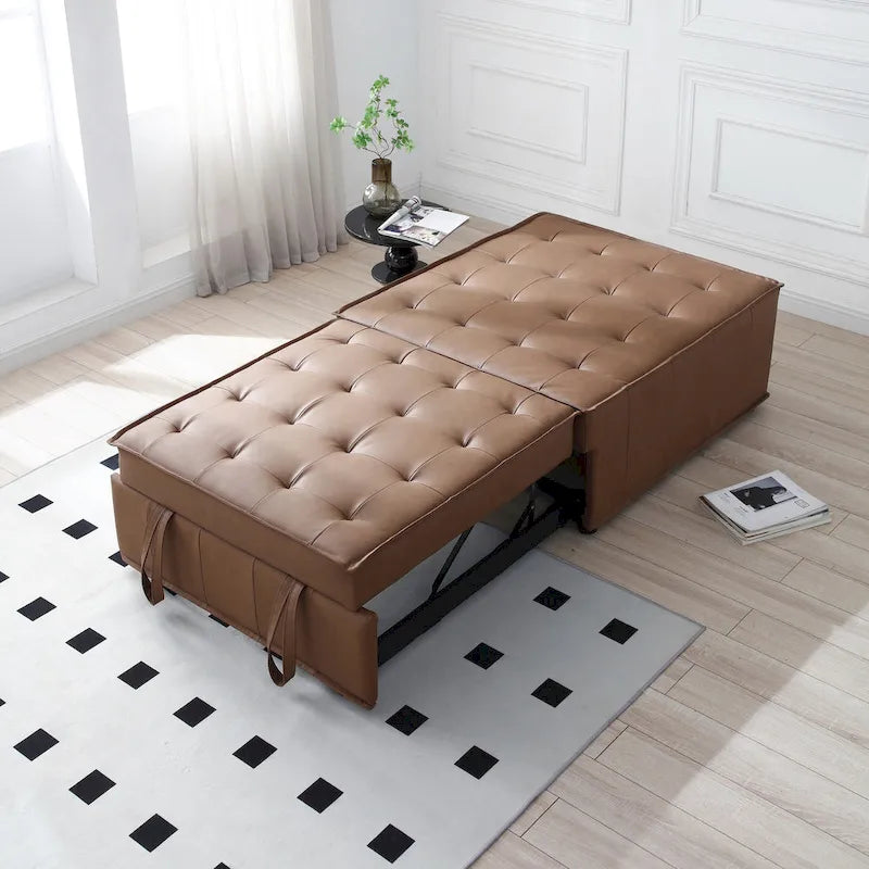 39 Faux Leather Single Multipurpose Ottoman Pull Out Sofa Bed with Adjustable Backrest and Pillow for Living Room