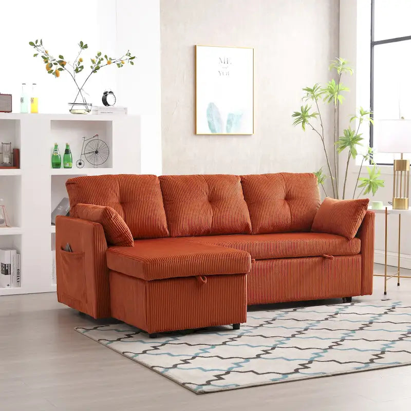 Orange 81.1 L-Shaped Fabric Sofa: Reversible Chaise, Storage, Solid Wood Frame, and Foam Seating