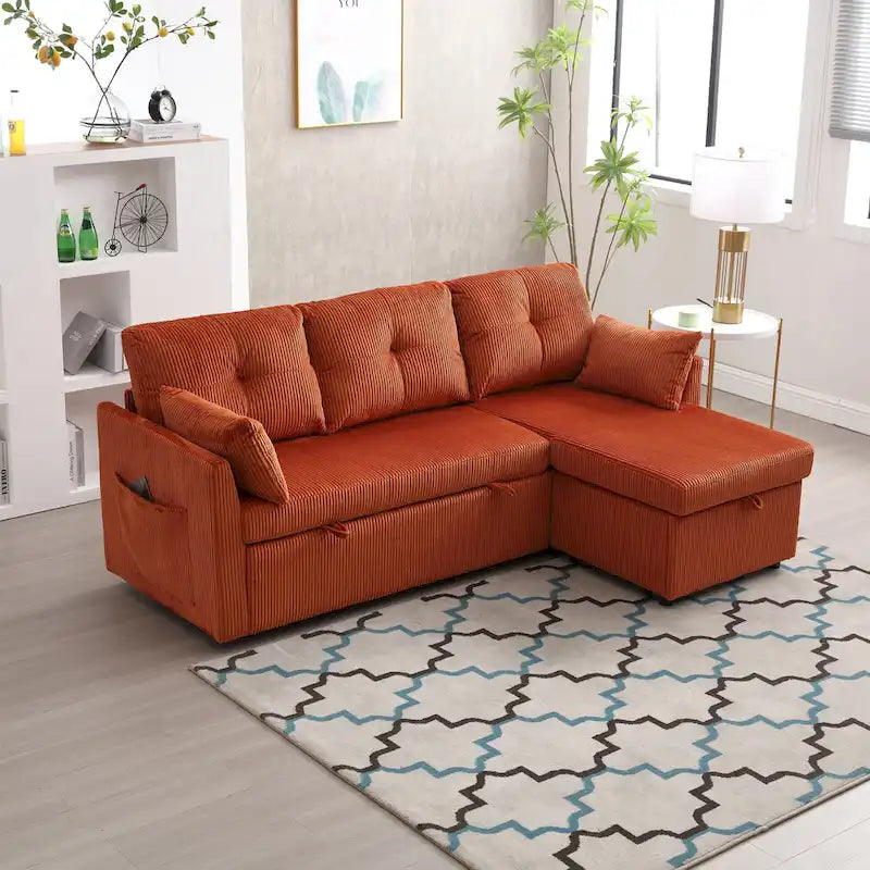 Orange 81.1 L-Shaped Fabric Sofa: Reversible Chaise, Storage, Solid Wood Frame, and Foam Seating