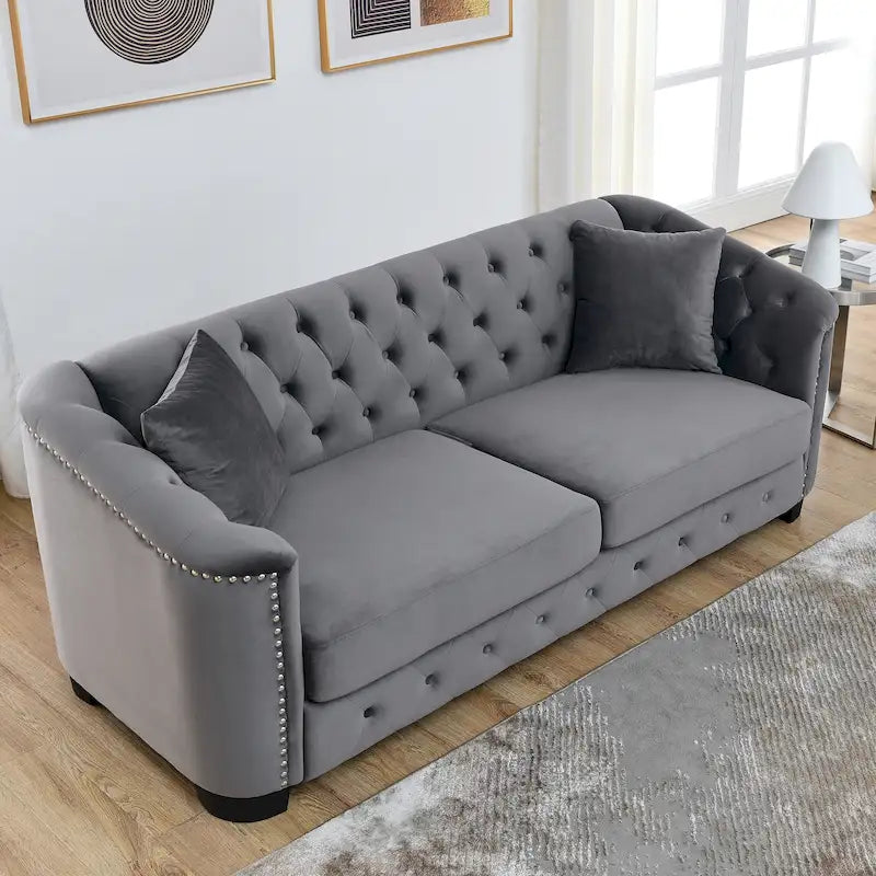 Grey 77 Modern Velvet 3-Seater Sofa with Tufted Backrests and Nailhead Trim