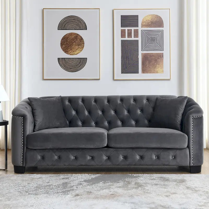 Grey 77 Modern Velvet 3-Seater Sofa with Tufted Backrests and Nailhead Trim