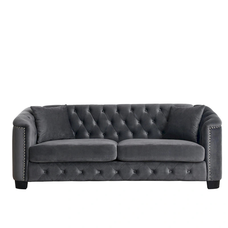 Grey 77 Modern Velvet 3-Seater Sofa with Tufted Backrests and Nailhead Trim