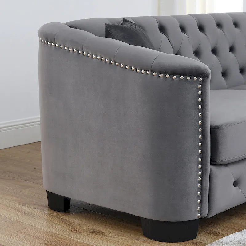Grey 77 Modern Velvet 3-Seater Sofa with Tufted Backrests and Nailhead Trim