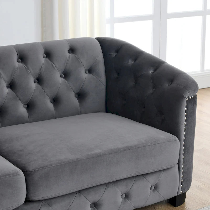 Grey 77 Modern Velvet 3-Seater Sofa with Tufted Backrests and Nailhead Trim