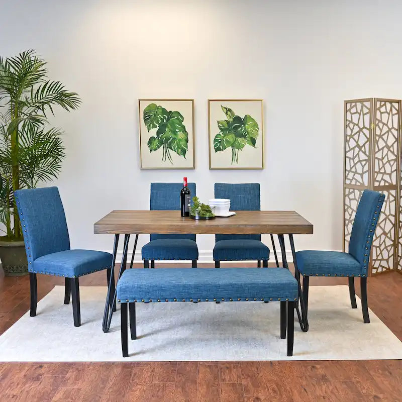 Industrial Style 6-Piece Dining Set with Rectangular Table, 4 Linen Upholstered Chairs and Bench