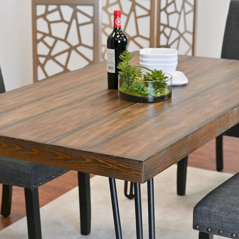 Industrial Style 6-Piece Dining Set with Rectangular Table, 4 Linen Upholstered Chairs and Bench