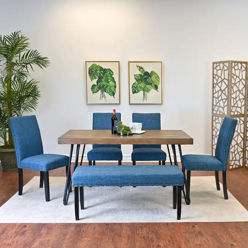 Industrial Style 6-Piece Dining Set with Rectangular Table, 4 Linen Upholstered Chairs and Bench