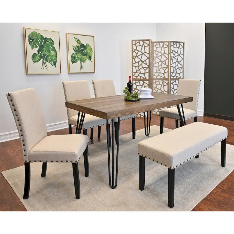 Industrial Style 6-Piece Dining Set with Rectangular Table, 4 Linen Upholstered Chairs and Bench