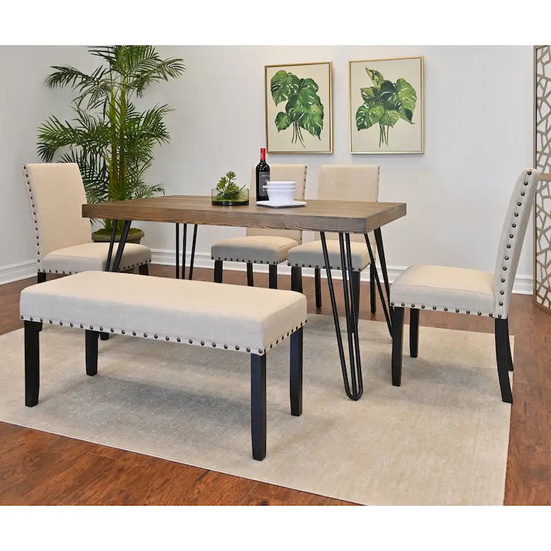Industrial Style 6-Piece Dining Set with Rectangular Table, 4 Linen Upholstered Chairs and Bench