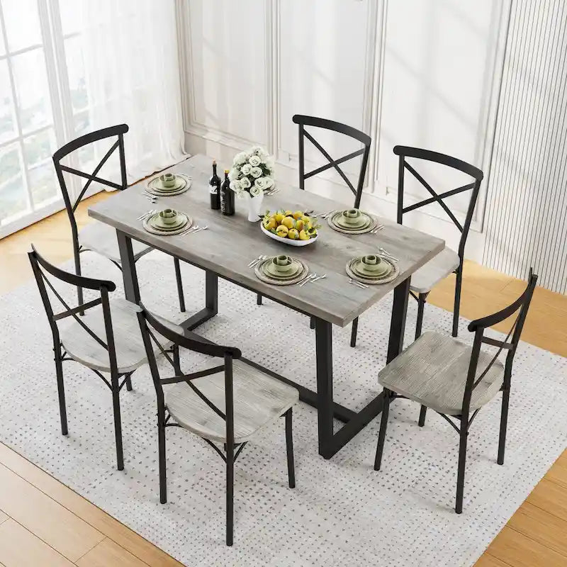Modern Style 7-Piece Dining Set with Rectangular Table and 6 Cross Back Dining Chairs