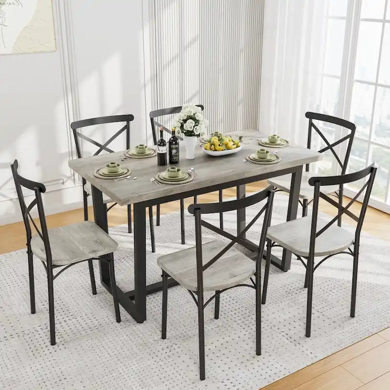 Modern Style 7-Piece Dining Set with Rectangular Table and 6 Cross Back Dining Chairs