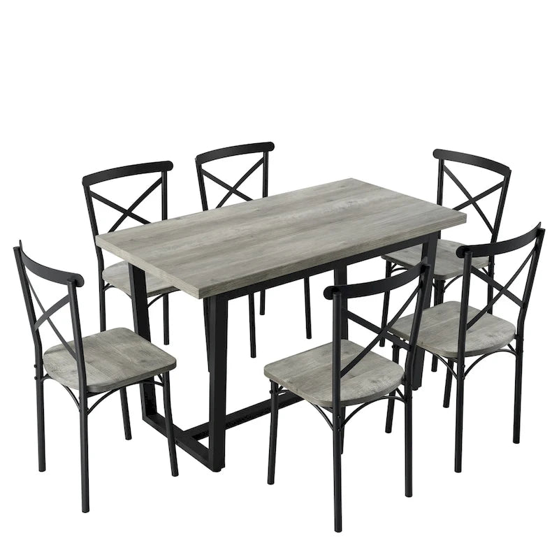 Modern Style 7-Piece Dining Set with Rectangular Table and 6 Cross Back Dining Chairs