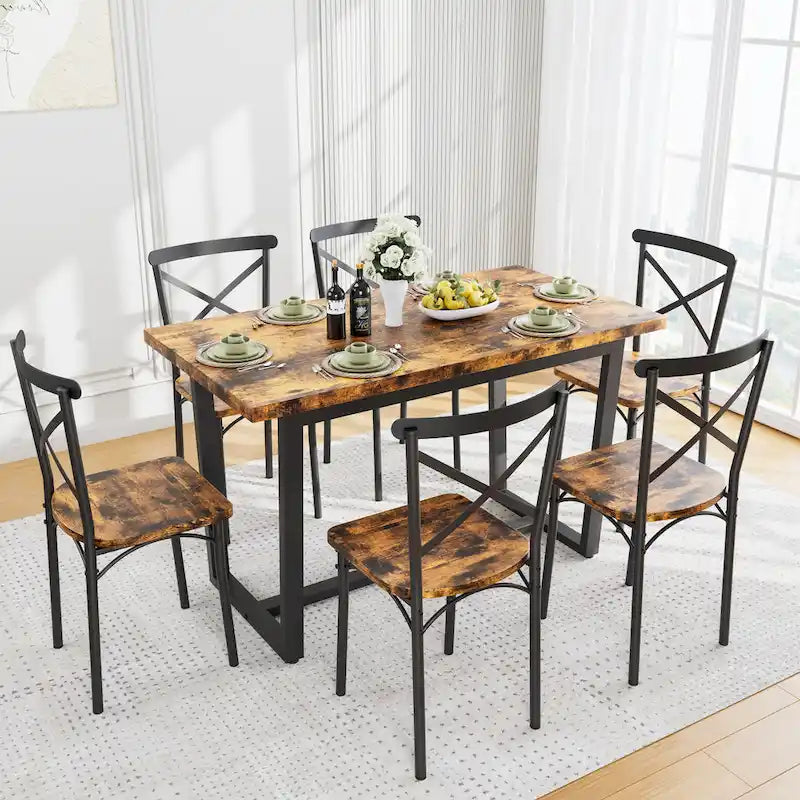Modern Style 7-Piece Dining Set with Rectangular Table and 6 Cross Back Dining Chairs