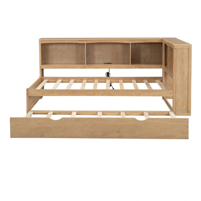 Twin Wooden Daybed with Trundle, Cabinets, and Charging Stations