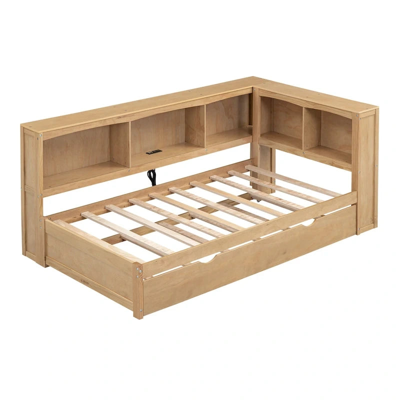 Twin Wooden Daybed with Trundle, Cabinets, and Charging Stations