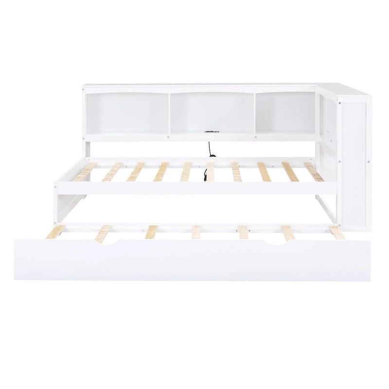 Twin Wooden Daybed with Trundle, Cabinets, and Charging Stations