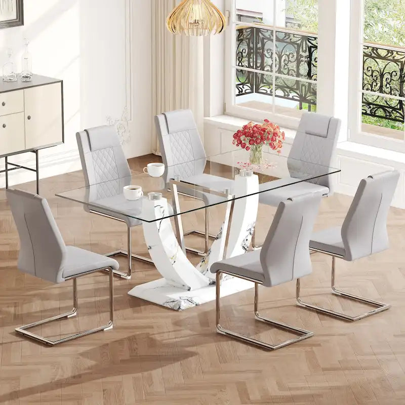 Modern Tempered Glass Dining Table Set with U-shaped Marble Pattern Base and PU Upholstered Chairs