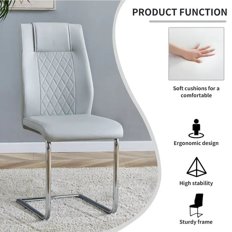 Modern Tempered Glass Dining Table Set with U-shaped Marble Pattern Base and PU Upholstered Chairs