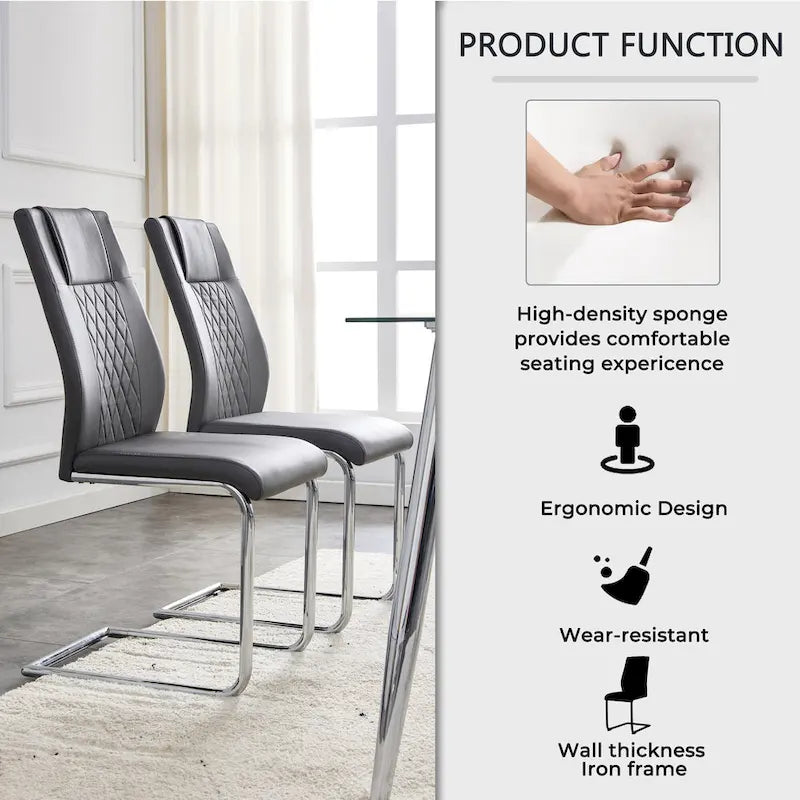 Modern Tempered Glass Dining Table Set with U-shaped Marble Pattern Base and PU Upholstered Chairs