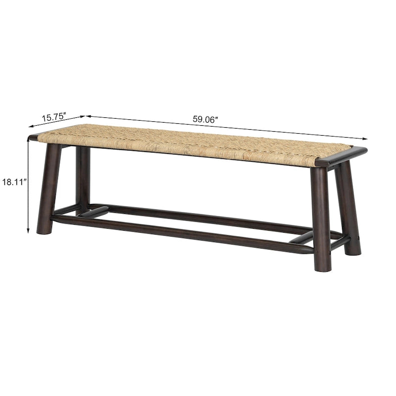 Farmhouse Modern Solid Wood Rattan Bench - 59 Inch Indoor & Covered Outdoor Bench Multi-Functional Design