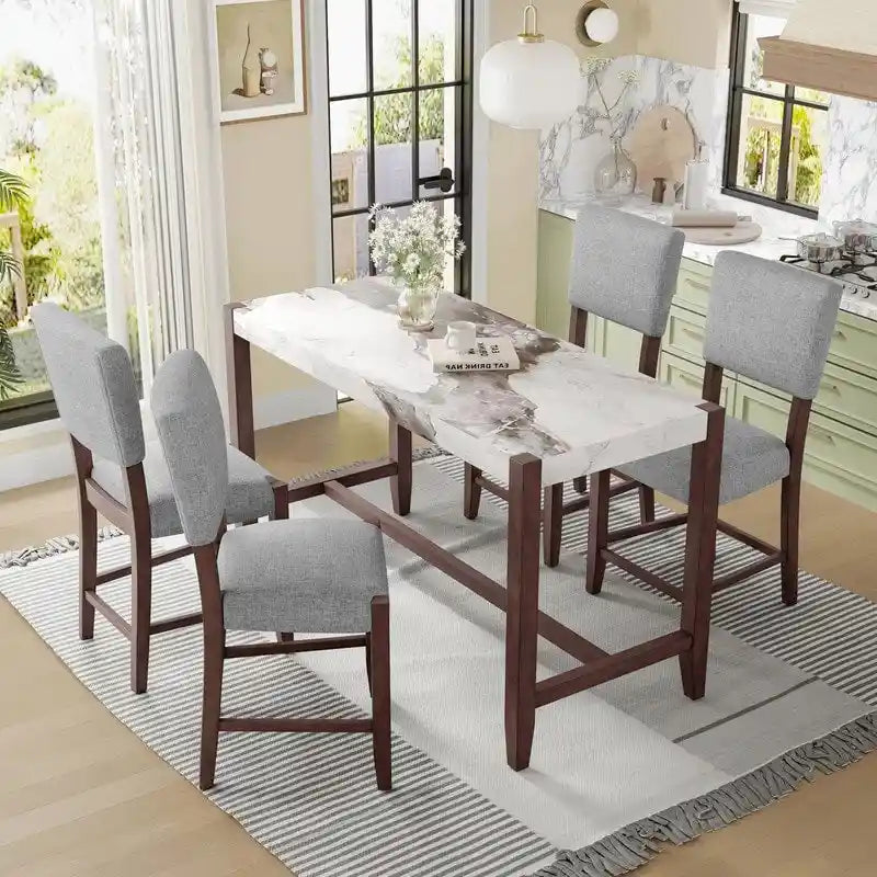 Modern 5-Piece Counter Height Dining Table Set, Faux Marble Bar Table and 4 Upholstered-Seat Chairs