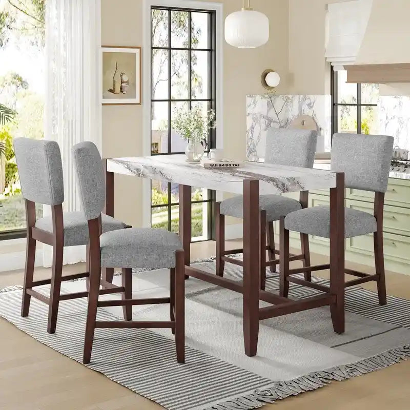 Modern 5-Piece Counter Height Dining Table Set, Faux Marble Bar Table and 4 Upholstered-Seat Chairs