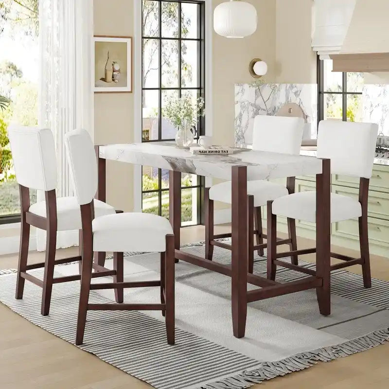 Modern 5-Piece Counter Height Dining Table Set, Faux Marble Bar Table and 4 Upholstered-Seat Chairs