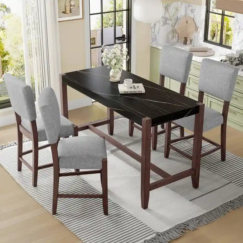 Modern 5-Piece Counter Height Dining Table Set, Faux Marble Bar Table and 4 Upholstered-Seat Chairs