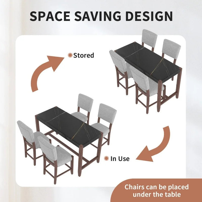Modern 5-Piece Counter Height Dining Table Set, Faux Marble Bar Table and 4 Upholstered-Seat Chairs