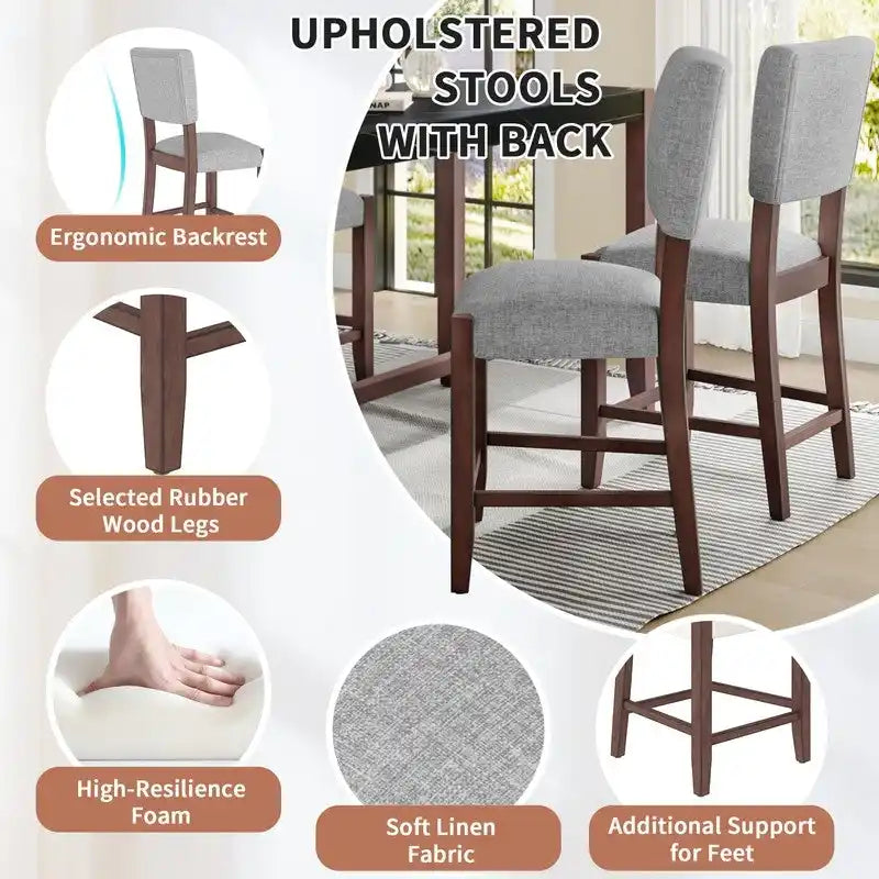 Modern 5-Piece Counter Height Dining Table Set, Faux Marble Bar Table and 4 Upholstered-Seat Chairs