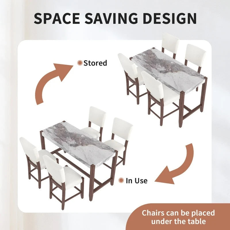 Modern 5-Piece Counter Height Dining Table Set, Faux Marble Bar Table and 4 Upholstered-Seat Chairs
