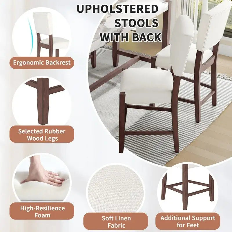 Modern 5-Piece Counter Height Dining Table Set, Faux Marble Bar Table and 4 Upholstered-Seat Chairs