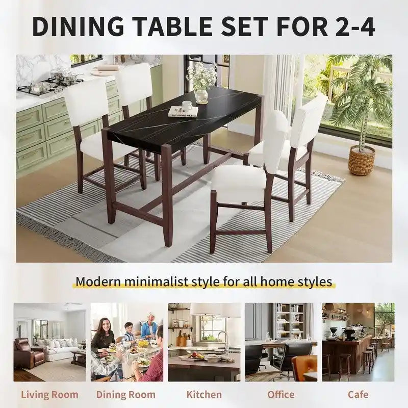 Modern 5-Piece Counter Height Dining Table Set, Faux Marble Bar Table and 4 Upholstered-Seat Chairs