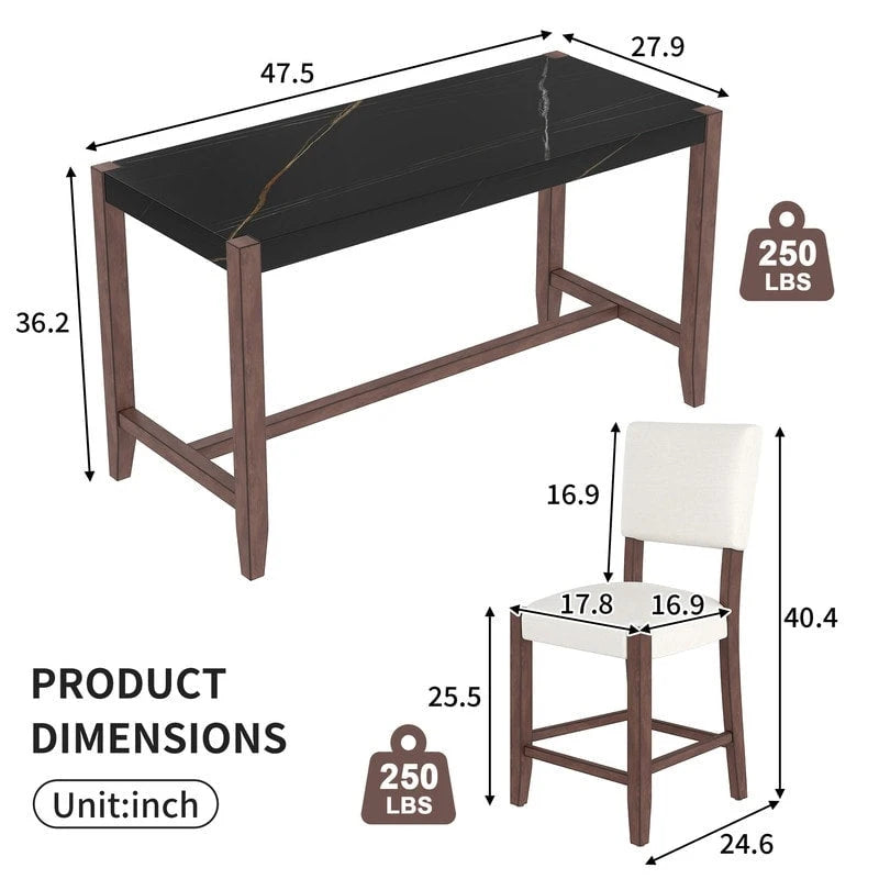 Modern 5-Piece Counter Height Dining Table Set, Faux Marble Bar Table and 4 Upholstered-Seat Chairs