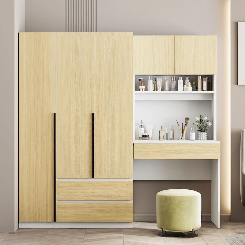 3-Door Wooden Storage Desk Wardrobe for Bedroom with Shelves and 3 Drawers