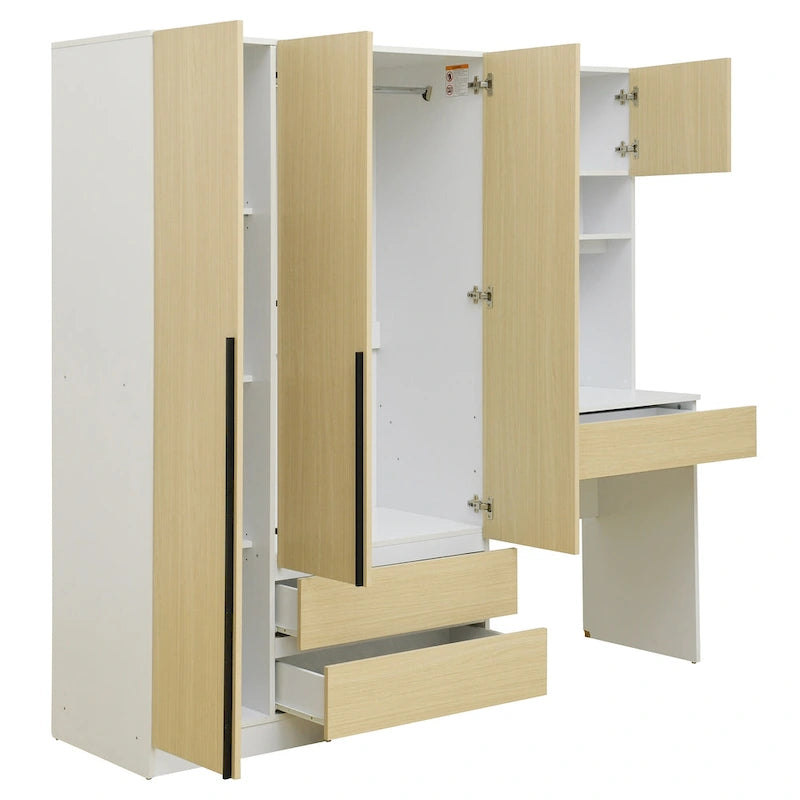 3-Door Wooden Storage Desk Wardrobe for Bedroom with Shelves and 3 Drawers