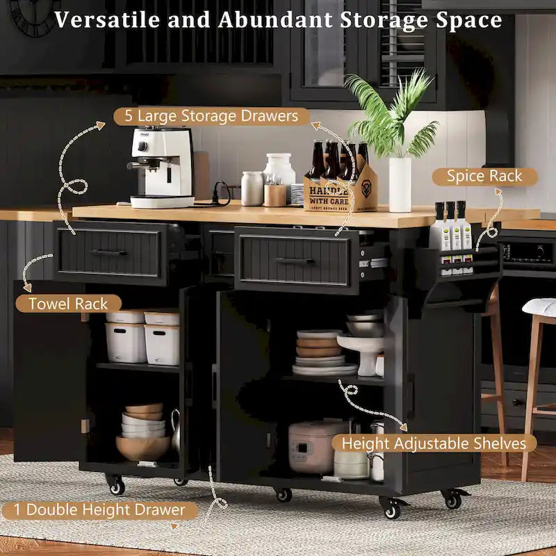 56.5 Kitchen Island with Drop Leaf and Charging Station, Rolling Kitchen Cart on Wheels with Drawers and Adjustable Shelves