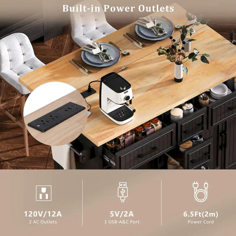 56.5 Kitchen Island with Drop Leaf and Charging Station, Rolling Kitchen Cart on Wheels with Drawers and Adjustable Shelves