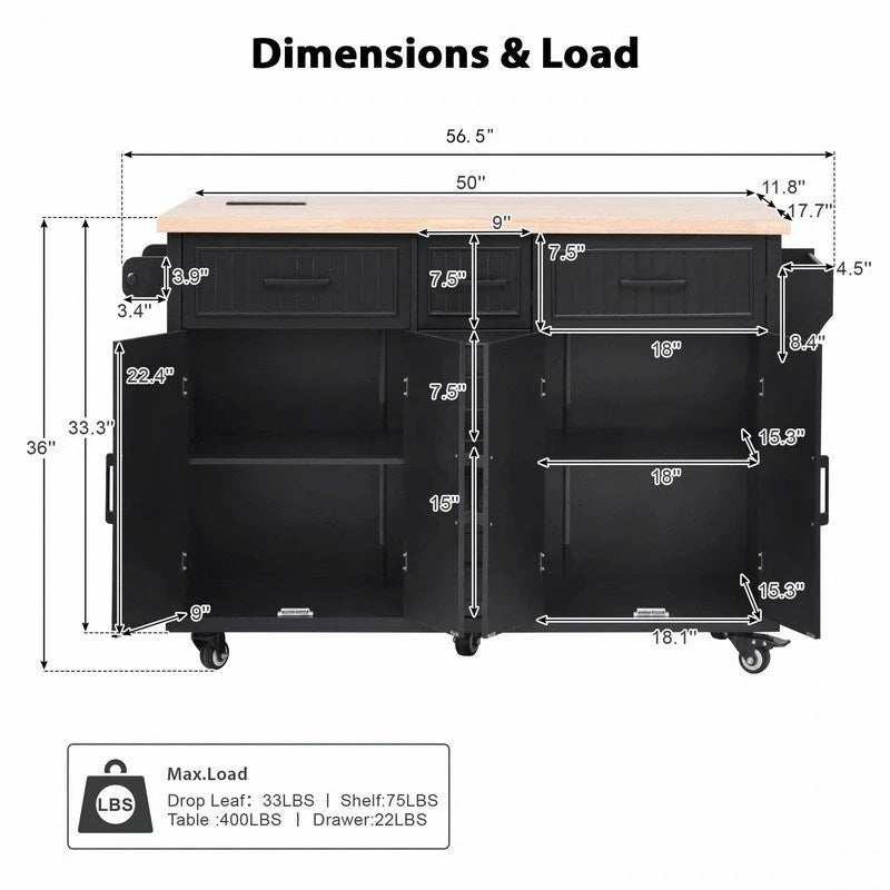 56.5 Kitchen Island with Drop Leaf and Charging Station, Rolling Kitchen Cart on Wheels with Drawers and Adjustable Shelves