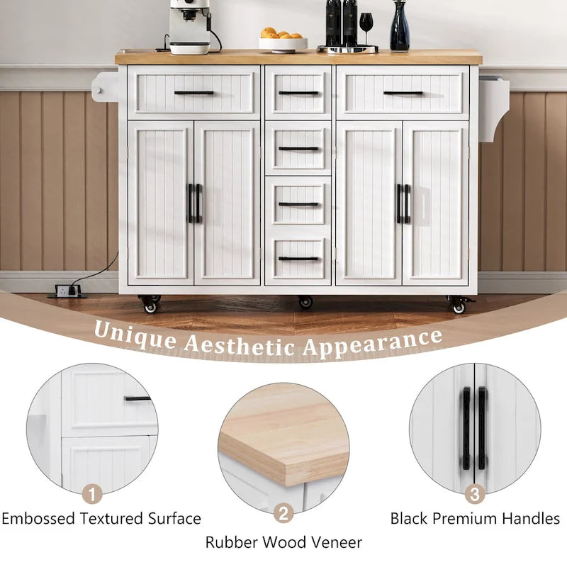 56.5 Kitchen Island with Drop Leaf and Charging Station, Rolling Kitchen Cart on Wheels with Drawers and Adjustable Shelves