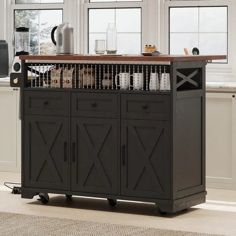 Farmhouse 46.5 Kitchen Island with Power Outlet, Rolling Kitchen Cart on Wheels with Drop Leaf
