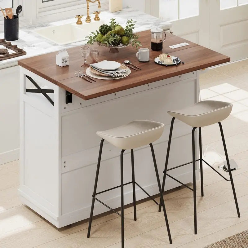 Farmhouse 46.5 Kitchen Island with Power Outlet, Rolling Kitchen Cart on Wheels with Drop Leaf