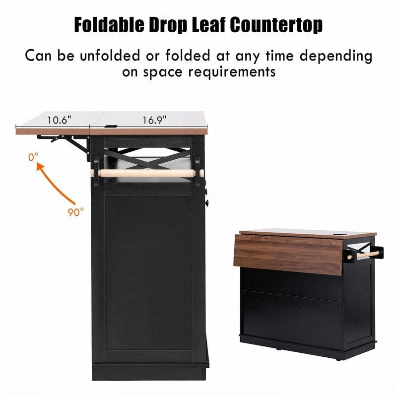 Farmhouse 46.5 Kitchen Island with Power Outlet, Rolling Kitchen Cart on Wheels with Drop Leaf