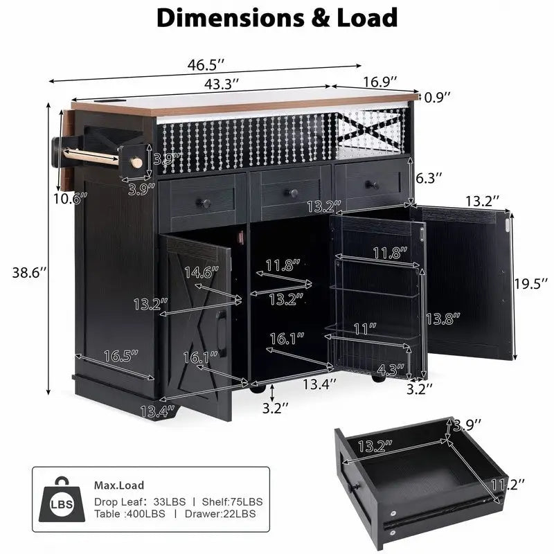 Farmhouse 46.5 Kitchen Island with Power Outlet, Rolling Kitchen Cart on Wheels with Drop Leaf